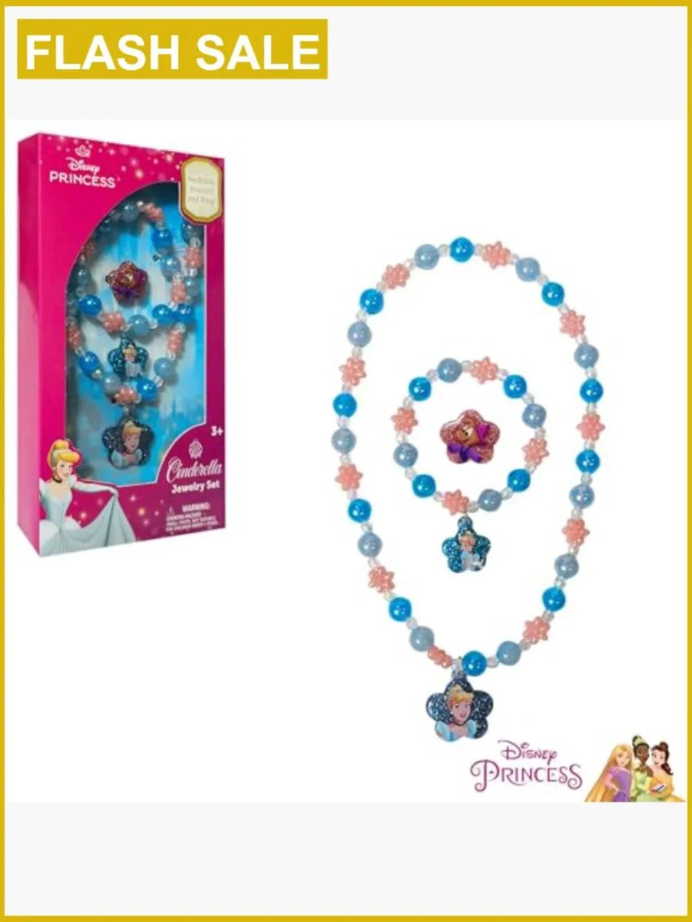 Disney Princess Jewelry Set - Necklace, Bracelet, Ring - Dress Up Toy for Kids